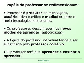 Papéis do professor se redimensionam :  Professor é  produtor  de mensagens,  usuário  ativo e crítico e  mediador  entre o meio tecnológico e os alunos. Os professores desconhecem os  novos modos de aprender  (autodidaxia). A figura do professor individual tende a ser substituída pelo  professor coletivo . O professor terá que  aprender a ensinar a aprender . 