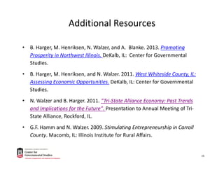 Additional Resources
• B. Harger, M. Henriksen, N. Walzer, and A.  Blanke. 2013. Promoting 
Prosperity in Northwest Illinois. DeKalb, IL:  Center for Governmental 
Studies. 
• B. Harger, M. Henriksen, and N. Walzer. 2011. West Whiteside County, IL: 
Assessing Economic Opportunities. DeKalb, IL: Center for Governmental 
Studies.
• N. Walzer and B. Harger. 2011. “Tri‐State Alliance Economy: Past Trends 
and Implications for the Future”. Presentation to Annual Meeting of Tri‐
State Alliance, Rockford, IL.
• G.F. Hamm and N. Walzer. 2009. Stimulating Entrepreneurship in Carroll 
County. Macomb, IL: Illinois Institute for Rural Affairs.
15
 