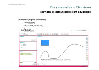 23 | Pedro Almeida | DMMeD | 09-10


                                                            Ferramentas e Serviços
                                                   serviços de comunicação (em educação)

                  Síncronos (alguns exemplos)
                                Whiteboard
                                ScribLINK, Scribblar, ...




       [23]
 