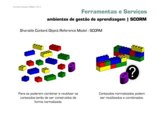 32 | Pedro Almeida | DMMeD | 09-10


                                                   Ferramentas e Serviços
                                     ambientes de gestão de aprendizagem | SCORM

        Sharable Content Object Reference Model - SCORM




      Para se poderem combinar e reutilizar os             Conteúdos normalizados podem
        conteúdos terão de ser construídos de               ser reutilizados e combinados.
       [32]      forma normalizada.
 