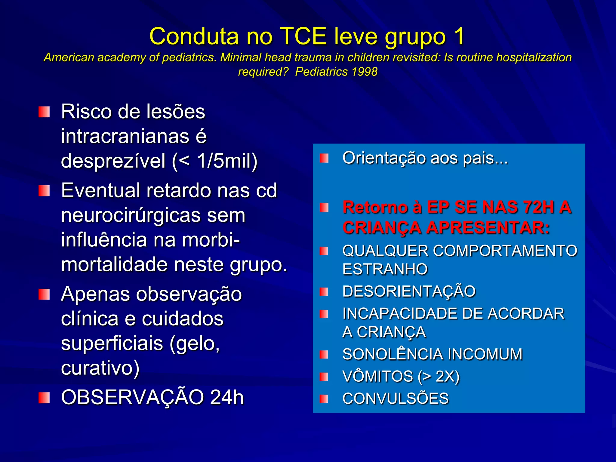Conduta no TCE leve grupo 1
American academy of pediatrics. Minimal head trauma in children revisited: Is routine hospitalization
                                   required? Pediatrics 1998


   Risco de lesões
   intracranianas é
   desprezível (< 1/5mil)                                Orientação aos pais...
   Eventual retardo nas cd
                                                         Retorno à EP SE NAS 72H A
   neurocirúrgicas sem
                                                         CRIANÇA APRESENTAR:
   influência na morbi-                                  QUALQUER COMPORTAMENTO
   mortalidade neste grupo.                              ESTRANHO
   Apenas observação                                     DESORIENTAÇÃO
   clínica e cuidados                                    INCAPACIDADE DE ACORDAR
                                                         A CRIANÇA
   superficiais (gelo,                                   SONOLÊNCIA INCOMUM
   curativo)                                             VÔMITOS (> 2X)
   OBSERVAÇÃO 24h                                        CONVULSÕES
 