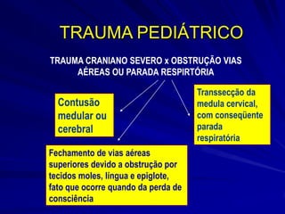 TRAUMA PEDIÁTRICO
TRAUMA CRANIANO SEVERO x OBSTRUÇÃO VIAS
     AÉREAS OU PARADA RESPIRTÓRIA

                                     Transsecção da
  Contusão                           medula cervical,
  medular ou                         com conseqüente
  cerebral                           parada
                                     respiratória
Fechamento de vias aéreas
superiores devido a obstrução por
tecidos moles, língua e epiglote,
fato que ocorre quando da perda de
consciência
 