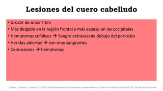 Lesiones del cuero cabelludo
• Grosor de unos 7mm
• Más delgado en la región frontal y más espeso en las occipitales
• Hematomas cefálicos  Sangre extravasada debajo del periostio
• Heridas abiertas  son muy sangrantes
• Contusiones  hematomas
Fuertes, J. Cabrera, J. Fuertes, C. (2007). Estudio forense de los traumatismos craneoencefálicos. El Manual de ciencias forenses (63-70). España: Arán Ediciones.
 
