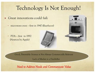 Technology Is Not Enough!
} Great innovations could fail:
◦ microwave oven – first in 1947 (Raytheon)
◦ PDA – first in 1992
(Newton by Apple)
Need to Address Needs and Communicate Value
Good, Patentable Science is Not Always Commercially Relevant
Lack of Market is a Deal-killer
 