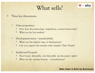 What sells?
Three key dimensions:
Value proposition
? How does this technology outperforms current best-in-class?
? What are the key markets?
Development status / transferability
? What was the highest stage of development?
? Can you support the transfer with samples? Data? People?
Intellectual Property
? How broad, defensible, and detectable are the patent rights?
? What are the existing licenses / encumbrances?
Make Deals & Build Up Businesses
 