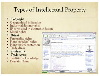 Types of Intellectual Property
• Copyright
• Geographical indication
• Industrial design rights
• IP cores used in electronic design
• Moral rights
• Patent
• Personality rights
• Plant breeders' rights
• Plant variety protection
• Trade dress
• Trademark
• Trade secret
• Traditional knowledge
• Domain Name
 
