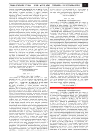 33DIÁRIOOFICIALDOESTADO SÉRIE3 ANOIII Nº242 FORTALEZA,21DEDEZEMBRODE2011
Fortaleza – CE e a PREFEITURA MUNICIPAL DE BREJO SANTO,
inscrita no CNPJ sob o nº07.620.701/0001-72, com sede na Rua Manoel
Inácio Bezerra, nº192, Centro, Brejo Santo – CE. OBJETO: O presente
convênio tem por objeto a concessão de apoio financeiro para o
implemento do projeto “Festival de Natal”, no período de 18/12/2011
a 31/12/2011, visando a preservação das tradições natalinas e a
valorização da cultura popular do Município de Brejo Santo - CE,
promovendo um evento típico que tem como característica o resgate do
espírito fraterno, do respeito e do amor ao próximo, com a realização
de uma confraternização harmoniosa de lazer e enriquecimento cultural,
através de diversas atividades artísticas abertas ao público em geral,
dentre elas, apresentações musicais, envolvendo artistas locais e
regionais, de corais, de grupos de dança, e encenações teatrais com
crianças de projetos sociais, além da ornamentação e iluminação da
cidade, atraindo pessoas de todas as idades, bem como visitantes de
municípios circunvizinhos com interesse nessa data festiva, sendo, dessa
forma, uma oportunidade de integração entre as famílias da região, e
ainda um estímulo ao desenvolvimento econômico, turístico e cultural
do Município, tudo em conformidade com o Plano de Trabalho.
FUNDAMENTAÇÃO LEGAL: Em conformidade com o Art.116, da
Lei Federal nº8.666/93, com a Instrução Normativa Conjunta SECON/
SEFAZ/SEPLAN nº01, de 27 de janeiro de 2005, e Processo
Administrativo nº11568377-1. FORO: Cidade de Fortaleza - CE.
VIGÊNCIA: A vigência deste convênio será de 60 (sessenta) dias, a
contar da data de sua assinatura, podendo o mesmo ser prorrogado por
conveniência técnica ou administrativa, mediante a celebração de Termo
Aditivo. VALOR: O Governo do Estado do Ceará, através da CASA
CIVIL, e por força deste convênio, transferirá à Convenente a
importância de R$100.000,00 (cem mil reais), em parcela única, com
cronograma de desembolso para o mês de dezembro de 2011, e arcará
esta última, em contrapartida, com a importância de R$6.600,00 (seis
mil e seiscentos reais), com cronograma de desembolso para o mês de
dezembro de 2011, além da divulgação do apoio do Governo do Estado
do Ceará ao evento, totalizando esse Convênio o valor de R$106.600,00
(cento e seis mil e seiscentos reais). DOTAÇÃO ORÇAMENTÁRIA:
30100003.04.122.596.20576.22.33404100.00.0.00. DATA DA ASSINA-
TURA: 16 de dezembro de 2011. SIGNATÁRIOS: Sr. Carlos Eduardo
Pires Sobreira, Secretário Adjunto da Casa Civil, e Sr. Guilherme Sampaio
Landim, Prefeito Municipal de Brejo Santo.
Débora Jamaica Machado Barroso
ASSESSORA JURÍDICA
*** *** ***
EXTRATO DE CONVÊNIO Nº233/2011
CONVENENTES: O ESTADO DO CEARÁ, através da CASA CIVIL,
inscrita no CNPJ sob o nº09.469.891/0001-02, com endereço no Palácio
da Abolição, na Avenida Barão de Studart, nº505, Bairro Meireles,
Fortaleza – CE e a PREFEITURA MUNICIPAL DE MONSENHOR
TABOSA, inscrita no CNPJ sob o nº07.693.989/0001-05, com sede na
Rua Praça 7 de Setembro, nº15, Centro, Monsenhor Tabosa – CE.
OBJETO: O presente convênio tem por objeto a concessão de apoio
financeiro para o implemento do projeto “Um Natal para Ser
Lembrado”, no período de 20/12/2011 a 24/12/2011, visando a
preservação das tradições culturais e artísticas do Município de Monsenhor
Tabosa - CE, promovendo um evento típico que tem como característica
o resgate do espírito natalino de fraternidade, de respeito e de amor ao
próximo, com a realização de uma festividade harmoniosa de lazer e
enriquecimento cultural, através de diversas atividades abertas ao público
em geral, dentre elas, apresentações musicais e de grupos de dança,
envolvendo artistas locais e regionais, além da ornamentação e iluminação
da cidade, atraindo pessoas de todas as idades, bem como visitantes de
municípios próximos e da zona rural, sendo, dessa forma, uma
oportunidade de integração entre as famílias da região, e ainda um estímulo
ao desenvolvimento econômico, turístico e cultural do Município, com
a consequente geração de emprego e renda para a população, tudo em
conformidade com o Plano de Trabalho. FUNDAMENTAÇÃO LEGAL:
Em conformidade com o Art.116, da Lei Federal nº8.666/93, com a
Instrução Normativa Conjunta SECON/SEFAZ/SEPLAN nº01, de 27 de
janeiro de 2005, e Processo Administrativo nº11695210-5. FORO:
Cidade de Fortaleza - CE. VIGÊNCIA: A vigência deste convênio será de
60 (sessenta) dias, a contar da data de sua assinatura, podendo o mesmo
ser prorrogado por conveniência técnica ou administrativa, mediante a
celebração de Termo Aditivo. VALOR: O Governo do Estado do Ceará,
através da CASA CIVIL, e por força deste convênio, transferirá à
Convenente a importância de R$40.000,00 (quarenta mil reais), em
parcela única, com cronograma de desembolso para o mês de dezembro
de 2011, e arcará a Convenente, em contrapartida, com a divulgação do
apoio do Governo do Estado do Ceará ao evento. DOTAÇÃO ORÇA-
MENTÁRIA: 30100003.04.122.596.20576.22.33404100.00.0.00.
DATA DA ASSINATURA: 20 de dezembro de 2011. SIGNATÁRIOS: Sr.
Carlos Eduardo Pires Sobreira, Secretário Adjunto da Casa Civil, e Sr.
José Araújo Souto, Prefeito Municipal de Monsenhor Tabosa.
Débora Jamaica Machado Barroso
ASSESSORA JURÍDICA
*** *** ***
EXTRATO DE CONVÊNIO Nº234/2011
CONVENENTES: O ESTADO DO CEARÁ, através da CASA CIVIL,
inscrita no CNPJ sob o nº09.469.891/0001-02, com sede no Palácio da
Abolição, na Av. Barão de Studart, nº505 - Meireles, Fortaleza – CE e a
PREFEITURA MUNICIPAL DE CARIDADE, inscrita no CNPJ sob o
nº07.707.094/0001-82, com sede na Rua Cel. Francisco Linhares, nº250,
Centro, Caridade - CE. OBJETO: O presente convênio tem por objeto
a concessão de apoio financeiro para o implemento do projeto “1º
Reveillon da Paz do Município de Caridade”, no período de 31/12/2011
a 01/01/2012, visando incentivar e promover o resgate das tradições
culturais e populares do Município de Caridade – CE, e ainda fortalecer
o espírito fraterno e pacífico de seu povo, através de uma confraternização
alegre, de entretenimento e de integração dos seus munícipes, envolvendo
também famílias de regiões próximas com interesse nessa data festiva,
sendo caracterizada também pela diversidade cultural de sua programação,
com a realização de apresentações artísticas, musicais e de cunho social,
com o envolvimento de artistas locais e regionais, além de atividades
que beneficiem a comunidade, contribuindo, dessa forma, para a
mobilização do turismo, para o desenvolvimento da economia e do
comércio local, estimulando ainda a geração de emprego e renda da
população, tudo em conformidade com o Plano de Trabalho.
FUNDAMENTAÇÃO LEGAL: Em conformidade com o Art.116, da
Lei Federal nº8.666/93, com a Instrução Normativa Conjunta SECON/
SEFAZ/SEPLAN nº01, de 27 de janeiro de 2005, e Processo
Administrativo nº11568387-9. FORO: Cidade de Fortaleza - CE.
VIGÊNCIA: A vigência deste convênio será de 60 (sessenta) dias, a contar
da data de sua assinatura, podendo o mesmo ser prorrogado por
conveniência técnica ou administrativa, mediante a celebração de Termo
Aditivo. VALOR: O Governo do Estado do Ceará, através da CASA CIVIL
e por força deste convênio, transferirá à Convenente a importância de
R$40.000,00 (quarenta mil reais), em parcela única, com cronograma de
desembolso para o mês de dezembro de 2011, e arcará esta última, em
contrapartida, com a importância de R$2.800,00 (dois mil e oitocentos
reais), com cronograma de desembolso para o mês de dezembro de
2011, além da divulgação do apoio do Governo do Estado do Ceará ao
evento, totalizando esse Convênio o valor de R$42.800,00 (quarenta
e dois mil e oitocentos reais). DOTAÇÃO ORÇAMENTÁRIA:
30100003.04.122.596.20576.22.33404100.00.0.00. DATA DA ASSINA-
TURA: 20 de dezembro de 2011. SIGNATÁRIOS: Sr. Carlos Eduardo
Pires Sobreira, Secretário Adjunto da Casa Civil, e Sr. Francisco Júnior
Lopes Tavares, Prefeito Municipal de Caridade.
Débora Jamaica Machado Barroso
ASSESSORA JURÍDICA
*** *** ***
EXTRATO DE CONVÊNIO Nº235/2011
CONVENENTES: O ESTADO DO CEARÁ, através da CASA CIVIL,
inscrita no CNPJ sob o nº09.469.891/0001-02, com endereço no Palácio
da Abolição, na Avenida Barão de Studart, nº505, Bairro Meireles,
Fortaleza – CE e a PREFEITURA MUNICIPAL DE PARACURU,
inscrita no CNPJ sob o nº07.592.298/0001-15, com sede na Rua Cel.
Meireles, nº07, Centro, Paracuru – CE. OBJETO: O presente convênio
tem por objeto a concessão de apoio financeiro para o implemento
do projeto “Reveillon 2011 de Paracuru - CE”, no dia 31/12/2011,
visando incentivar a cultura e as tradições do Município de Paracuru -
CE, fortalecendo também os laços afetivos de seu povo, através de uma
confraternização popular e pacífica, de entretenimento e de integração
dos seus munícipes e visitantes, envolvendo pessoas de todas as idades e
famílias de diversas classes sociais, promovendo uma festividade típica,
com a realização de apresentações artísticas e de cunho social, dentre
elas, de corais, grupos de dança e bandas musicais, além de atividades que
beneficiem toda a comunidade, contribuindo, dessa forma, para a
mobilização do turismo interno, para o desenvolvimento da economia
e ampliação do comércio local, e sendo ainda um estímulo para a geração
de emprego e renda da população, tudo em conformidade com o Plano
de Trabalho. FUNDAMENTAÇÃO LEGAL: Em conformidade com o
Art.116, da Lei Federal nº8.666/93, com a Instrução Normativa Conjunta
SECON/SEFAZ/SEPLAN nº01, de 27 de janeiro de 2005, e Processo
Administrativo nº11703215-8. FORO: Cidade de Fortaleza - CE.
VIGÊNCIA: A vigência deste convênio será de 60 (sessenta) dias, a
contar da data de sua assinatura, podendo o mesmo ser prorrogado por
 
