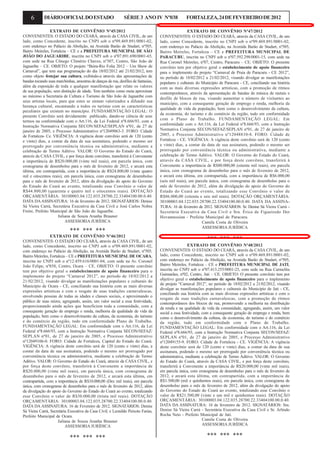 6 DIÁRIOOFICIALDOESTADO SÉRIE3 ANOIV Nº038 FORTALEZA,24DEFEVEREIRODE2012
EXTRATO DE CONVÊNIO Nº45/2012
CONVENENTES: O ESTADO DO CEARÁ, através da CASA CIVIL, de um
lado, como Concedente, inscrito no CNPJ sob o nº09.469.891/0001-02,
com endereço no Palácio da Abolição, na Avenida Barão de Studart, nº505,
Bairro Meireles, Fortaleza – CE e a PREFEITURA MUNICIPAL DE SÂO
JOÂO DO JAGUARIBE, inscrita no CNPJ sob o nº07.891.690/0001-65,
com sede na Rua Cônego Climério Chaves, nº307, Centro, São João de
Jaguaribe – CE. OBJETO: O projeto “Beira-Rio Folia 2012 – Um Show de
Carnaval”, que tem sua programação do dia 18/02/2012 até 21/02/2012, tem
como objeto festejar sua cultura, exibindo-a através das apresentações de
bandas tocando suas marchinhas, amostras de danças de rua, desfiles de fantasias,
além da exposição de toda e qualquer manifestação que relate os valores
de sua população, sem distinção de idade. Tem também como meta aproximar
ao máximo a Secretaria de Cultura e Turismo de São João de Jaguaribe com
seus artistas locais, para que estes se sintam valorizados a difundir sua
herança cultural, encantando a todos os turistas com as características
peculiares que existem no município. FUNDAMENTAÇÃO LEGAL: O
presente Convênio será devidamente publicado, dando-se ciência de seus
termos na conformidade com o Art.116, da Lei Federal nº8.666/93, com a
Instrução Normativa Conjunta SECON/SEFAZ/SEPLAN nº01, de 27 de
janeiro de 2005, e Processo Administrativo nº12049063-3. FORO: Cidade
de Fortaleza- Ce. VIGÊNCIA: A vigência deste convênio será de 120 (cento
e vinte) dias, a contar da data de sua assinatura, podendo o mesmo ser
prorrogado por conveniência técnica ou administrativa, mediante a
celebração de Termo Aditivo. VALOR: O Governo do Estado do Ceará,
através da CASA CIVIL, e por força deste convênio, transferirá à Convenente
a importância de R$20.000,00 (vinte mil reais), em parcela única, com
cronograma de desembolso para o mês de fevereiro de 2012, e arcará esta
última, em contrapartida, com a importância de R$24.800,00 (vinte quatro
mil e oitocentos reais), em parcela única, com cronograma de desembolso
para o mês de fevereiro de 2012, além da divulgação do apoio do Governo
do Estado do Ceará ao evento, totalizando esse Convênio o valor de
R$44.800,00 (quarenta e quatro mil e oitocentos reais). DOTAÇÃO
ORÇAMENTÁRIA: 30100003.04.122.035.28700.22.33404100.00.0.40.
DATA DAASSINATURA: 16 de fevereiro de 2012. SIGNATÁRIOS: Denise
Sá Vieira Carrá, Secretária Executiva da Casa Civil e José Carlos Nobre
Freire, Prefeito Municipal de São João do Jaguaribe.
Juliana de Souza Aranha Brauner
ASSESSORIA JURÍDICA
*** *** ***
EXTRATO DE CONVÊNIO Nº46/2012
CONVENENTES: O ESTADO DO CEARÁ, através da CASA CIVIL, de um
lado, como Concedente, inscrito no CNPJ sob o nº09.469.891/0001-02,
com endereço no Palácio da Abolição, na Avenida Barão de Studart, nº505,
Bairro Meireles, Fortaleza – CE e PREFEITURAMUNICIPAL DE OCARA,
inscrita no CNPJ sob o nº12.459.616/0001-04, com sede na Av. Coronel
João Felipe, nº858, Centro, Ocara – CE. OBJETO: O presente convênio
tem por objetivo geral o estabelecimento de apoio financeiro para o
implemento do projeto “Carnaval 2012”, no período de 18/02/2012 a
21/02/2012, visando divulgar as manifestações populares e culturais do
Município de Ocara - CE, conciliando sua história com as mais diversas
expressões artísticas e com o resgate de suas tradições carnavalescas,
envolvendo pessoas de todas as idades e classes sociais, e aproximando o
público de suas raízes, agregando, assim, um valor social a essa festividade,
proporcionando ainda ações que beneficiem toda a comunidade, com a
consequente geração de emprego e renda, melhoria da qualidade de vida da
população, bem como o desenvolvimento da cultura, da economia, do turismo
e do comércio da região, tudo em conformidade Plano de Trabalho.
FUNDAMENTAÇÃO LEGAL: Em conformidade com o Art.116, da Lei
Federal nº8.666/93, com a Instrução Normativa Conjunta SECON/SEFAZ/
SEPLAN nº01, de 27 de janeiro de 2005, e Processo Administrativo
nº12049106-0. FORO: Cidade de Fortaleza, Capital do Estado do Ceará.
VIGÊNCIA: A vigência deste convênio será de 120 (cento e vinte) dias, a
contar da data de sua assinatura, podendo o mesmo ser prorrogado por
conveniência técnica ou administrativa, mediante a celebração de Termo
Aditivo. VALOR: O Governo do Estado do Ceará, através da CASA CIVIL, e
por força deste convênio, transferirá à Convenente a importância de
R$20.000,00 (vinte mil reais), em parcela única, com cronograma de
desembolso para o mês de fevereiro de 2012, e arcará esta última, em
contrapartida, com a importância de R$10.000,00 (Dez mil reais), em parcela
única, com cronograma de desembolso para o mês de fevereiro de 2012, além
da divulgação do apoio do Governo do Estado do Ceará ao evento, totalizando
esse Convênio o valor de R$30.000,00 (trinta mil reais). DOTAÇÃO
ORÇAMENTÁRIA: 30100003.04.122.035.28700.22.33404100.00.0.40.
DATA DA ASSINATURA: 16 de Fevereiro de 2012. SIGNATÁRIOS: Denise
Sá Vieira Carrá, Secretária Executiva da Casa Civil; e Leonildo Peixoto Farias,
Prefeito Municipal de Ocara.
Juliana de Souza Aranha Brauner
ASSESSORIA JURÍDICA
*** *** ***
EXTRATO DE CONVÊNIO Nº47/2012
CONVENENTES: O ESTADO DO CEARÁ, através da CASA CIVIL, de um
lado, como Concedente, inscrito no CNPJ sob o nº09.469.891/0001-02,
com endereço no Palácio da Abolição, na Avenida Barão de Studart, nº505,
Bairro Meireles, Fortaleza – CE e PREFEITURA MUNICIPAL DE
PARACURU, inscrita no CNPJ sob o nº07.592.298/0001-15, com sede na
Rua Coronel Meireles, nº07, Centro, Paracuru – CE. OBJETO: O presente
convênio tem por objetivo geral o estabelecimento de apoio financeiro
para o implemento do projeto “Carnaval de Praia de Paracuru - CE 2012”,
no período de 18/02/2012 a 21/02/2012, visando divulgar as manifestações
populares e culturais do Município de Paracuru - CE, conciliando sua história
com as mais diversas expressões artísticas, com a promoção de ritmos
contemporâneos, através da apresentação de bandas de música de metais e
desfile de blocos de rua, visando aumentar o número de visitantes ao
município, com a consequente geração de emprego e renda, melhoria da
qualidade de vida da população, bem como o desenvolvimento da cultura,
da economia, do turismo e do comércio da região, tudo em conformidade
com o Plano de Trabalho. FUNDAMENTAÇÃO LEGAL: Em
conformidade com o Art.116, da Lei Federal nº8.666/93, com a Instrução
Normativa Conjunta SECON/SEFAZ/SEPLAN nº01, de 27 de janeiro de
2005, e Processo Administrativo nº12048810-8. FORO: Cidade de
Fortaleza - CE. VIGÊNCIA: A vigência deste convênio será de 120 (cento
e vinte) dias, a contar da data de sua assinatura, podendo o mesmo ser
prorrogado por conveniência técnica ou administrativa, mediante a
celebração de Termo Aditivo. VALOR: O Governo do Estado do Ceará,
através da CASA CIVIL, e por força deste convênio, transferirá à
Convenente a importância de R$80.000,00 (oitenta mil reais), em parcela
única, com cronograma de desembolso para o mês de fevereiro de 2012,
e arcará esta última, em contrapartida, com a importância de R$6.000,00
(seis mil reais), em parcela única, com cronograma de desembolso para o
mês de fevereiro de 2012, além da divulgação do apoio do Governo do
Estado do Ceará ao evento, totalizando esse Convênio o valor de
R$86.000,00 (oitenta e seis mil reais). DOTAÇÃO ORÇAMENTÁRIA:
30100003.04.122.035.28700.22.33404100.00.0.40. DATA DA ASSINA-
TURA: 16 de fevereiro de 2012. SIGNATÁRIOS: Sr. Denise Sá Vieira Carrá -
Secretária Executiva da Casa Civil e Sra. Érica de Figueiredo Der
Hovannessian - Prefeita Municipal de Paracuru.
Camila Costa de Oliveira
ASSESSORIA JURÍDICA
*** *** ***
EXTRATO DE CONVÊNIO Nº48/2012
CONVENENTES: O ESTADO DO CEARÁ, através da CASA CIVIL, de um
lado, como Concedente, inscrito no CNPJ sob o nº09.469.891/0001-02,
com endereço no Palácio da Abolição, na Avenida Barão de Studart, nº505,
Bairro Meireles, Fortaleza – CE e PREFEITURA MUNICIPAL DE JATI,
inscrita no CNPJ sob o nº07.413.255/0001-25, com sede na Rua Carmelita
Guimarães, nº02, Centro, Jati – CE. OBJETO: O presente convênio tem por
objetivo geral o estabelecimento de apoio financeiro para o implemento
do projeto “Carnaval 2012”, no período de 18/02/2012 a 21/02/2012, visando
divulgar as manifestações populares e culturais do Município de Jati - CE,
conciliando sua história com as mais diversas expressões artísticas e com o
resgate de suas tradições carnavalescas, com a promoção de ritmos
contemporâneos dos blocos de rua, promovendo a melhoria na distribuição
da renda e na qualidade de vida da comunidade, agregando, assim, um valor
social a essa festividade, com a consequente geração de emprego e renda, bem
como o desenvolvimento da cultura, da economia, do turismo e do comércio
da região, tudo em conformidade com o Plano de Trabalho.
FUNDAMENTAÇÃO LEGAL: Em conformidade com o Art.116, da Lei
Federal nº8.666/93, com a Instrução Normativa Conjunta SECON/SEFAZ/
SEPLAN nº01, de 27 de janeiro de 2005, e Processo Administrativo
nº12049155-9. FORO: Cidade de Fortaleza - CE. VIGÊNCIA: A vigência
deste convênio será de 120 (cento e vinte) dias, a contar da data de sua
assinatura, podendo o mesmo ser prorrogado por conveniência técnica ou
administrativa, mediante a celebração de Termo Aditivo. VALOR: O Governo
do Estado do Ceará, através da CASA CIVIL, e por força deste convênio,
transferirá à Convenente a importância de R$20.000,00 (vinte mil reais),
em parcela única, com cronograma de desembolso para o mês de fevereiro de
2012, e arcará esta última, em contrapartida, com a importância de
R$1.500,00 (mil e quinhentos reais), em parcela única, com cronograma de
desembolso para o mês de fevereiro de 2012, além da divulgação do apoio
do Governo do Estado do Ceará ao evento, totalizando esse Convênio o
valor de R$21.500,00 (vinte e um mil e quinhentos reais). DOTAÇÃO
ORÇAMENTÁRIA: 30100003.04.122.035.28700.22.33404100.00.0.40.
DATA DA ASSINATURA: 16 de fevereiro de 2012. SIGNATÁRIOS: Sra.
Denise Sá Vieira Carrá - Secretária Executiva da Casa Civil e Sr. Arlindo
Rocha Neto - Prefeito Municipal de Jati.
Camila Costa de Oliveira
ASSESSORIA JURÍDICA
*** *** ***
 
