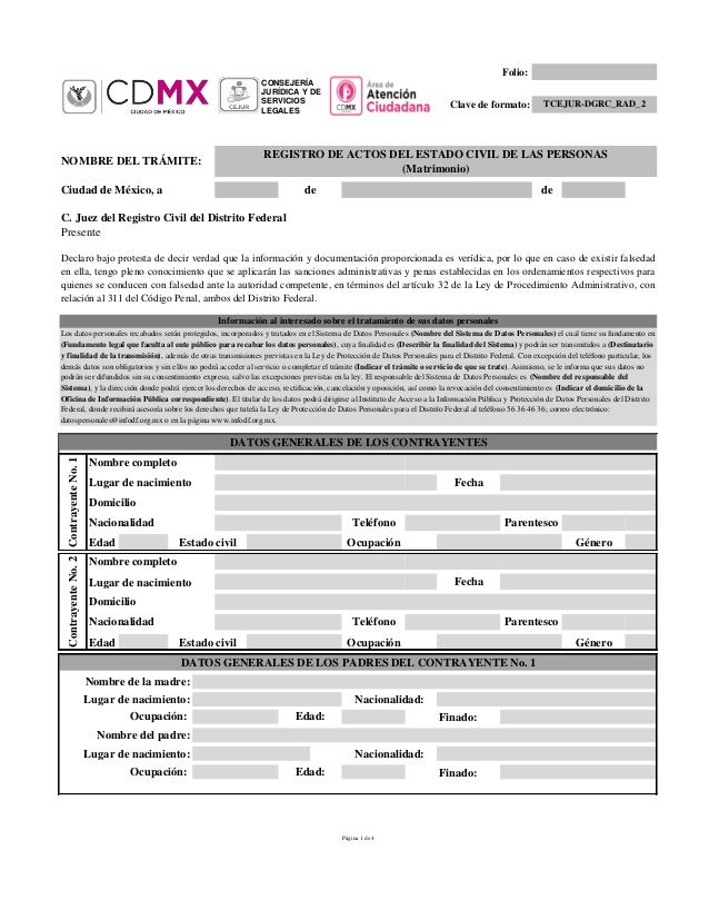 Registro Civil CDMX. Formato y requisitos para matrimonio civil.
