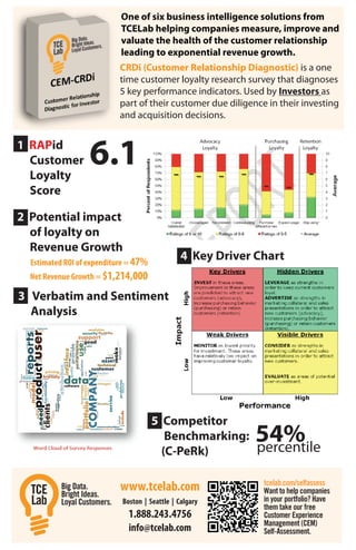 One of six business intelligence solutions from
                            TCELab helping companies measure, improve and
                            valuate the health of the customer relationship
                            leading to exponential revenue growth.
                           CRDi (Customer Relationship Diagnostic) is a one
                           time customer loyalty research survey that diagnoses
                           5 key performance indicators. Used by Investors as
                           part of their customer due diligence in their investing
                           and acquisition decisions.


1 RAPid
  Customer
  Loyalty
                   6.1
  Score

2 Potential impact
  of loyalty on
  Revenue Growth
  Estimated ROI of expenditure = 47%
                                                4 Key Driver Chart
  Net Revenue Growth = $1,214,000

3 Verbatim and Sentiment
  Analysis




                                       5 Competitor
                                          Benchmarking:      54%
                                                             percentile
                                         (C-PeRk)

                            www.tcelab.com                     tcelab.com/selfassess
                                                               Want to help companies
                            Boston | Seattle | Calgary         in your portfolio? Have
                                                               them take our free
                              1.888.243.4756                   Customer Experience
                                                               Management (CEM)
                              info@tcelab.com                  Self-Assessment.
 