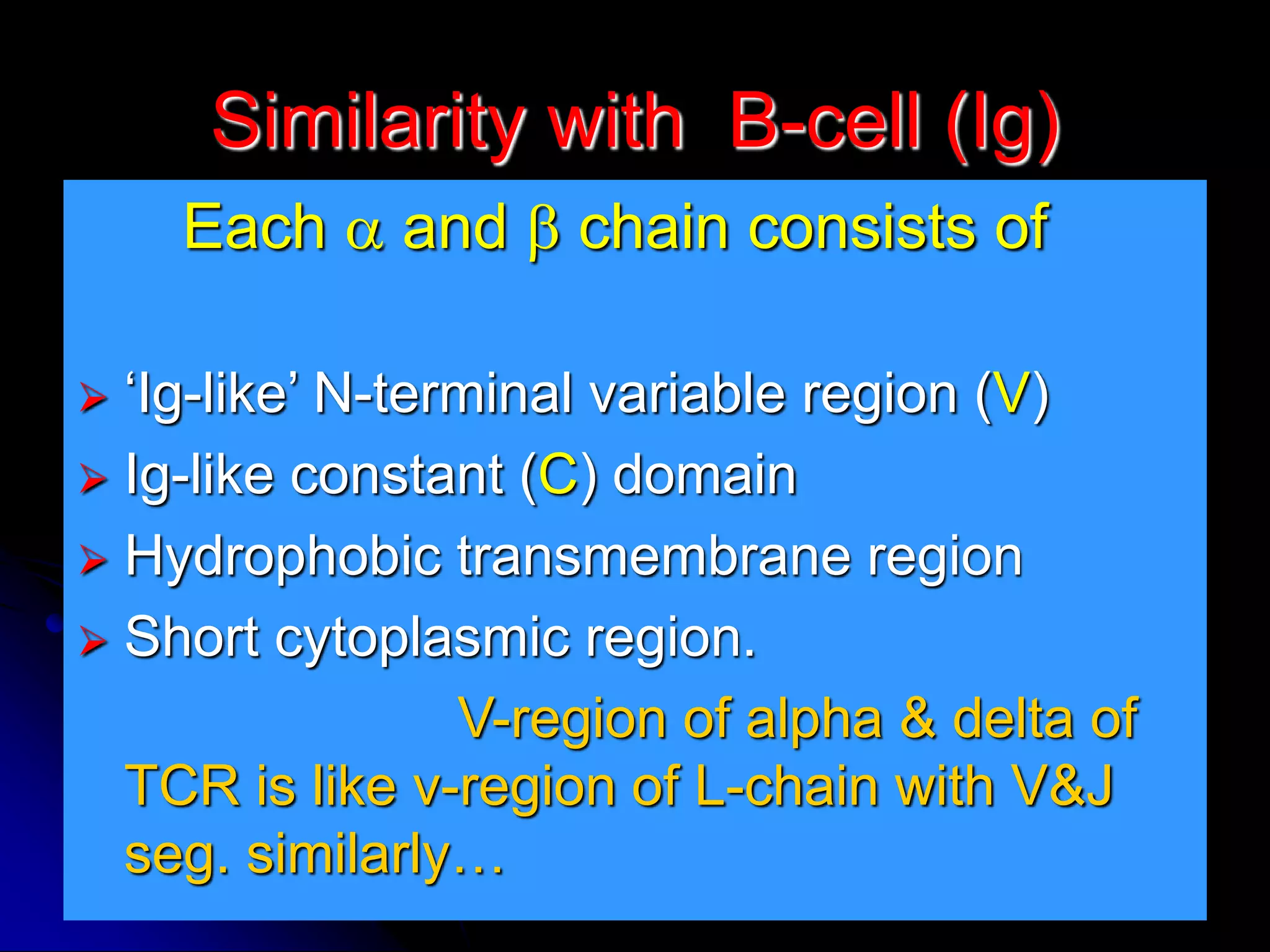 7/16/2022 11
Similarity with B-cell (Ig)
Each a and b chain consists of
 ‘Ig-like’ N-terminal variable region (V)
 Ig-like constant (C) domain
 Hydrophobic transmembrane region
 Short cytoplasmic region.
V-region of alpha & delta of
TCR is like v-region of L-chain with V&J
seg. similarly…
 