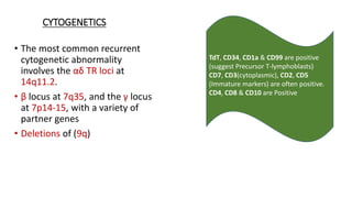 TdT, CD34, CD1a & CD99 are positive
(suggest Precursor T-lymphoblasts)
CD7, CD3(cytoplasmic), CD2, CD5
(Immature markers) are often positive.
CD4, CD8 & CD10 are Positive
• The most common recurrent
cytogenetic abnormality
involves the αδ TR loci at
14q11.2.
• β locus at 7q35, and the γ locus
at 7p14-15, with a variety of
partner genes
• Deletions of (9q)
CYTOGENETICS
 