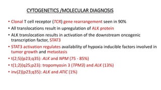CYTOGENETICS /MOLECULAR DIAGNOSIS
• Clonal T cell receptor (TCR) gene rearrangement seen in 90%
• All translocations result in upregulation of ALK protein
• ALK translocation results in activation of the downstream oncogenic
transcription factor, STAT3
• STAT3 activation regulates availability of hypoxia inducible factors involved in
tumor growth and metastasis
• t(2;5)(p23;q35): ALK and NPM (75 - 85%)
• t(1;2)(q25;p23): tropomyosin 3 (TPM3) and ALK (13%)
• inv(2)(p23;q35): ALK and ATIC (1%)
 