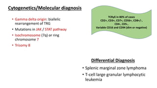 Cytogenetics/Molecular diagnosis
• Gamma delta origin: biallelic
rearrangement of TRG
• Mutations in JAK / STAT pathway
• Isochromosome (7q) or ring
chromosome 7
• Trisomy 8
Differential Diagnosis
• Splenic marginal zone lymphoma
• T-cell large granular lymphocytic
leukemia
TCRγδ in 80% of cases
CD2+, CD3+, CD7+, CD56+, CD8+/-,
CD4-, CD5-,
Variable CD16 and CD94 (dim or negative)
 