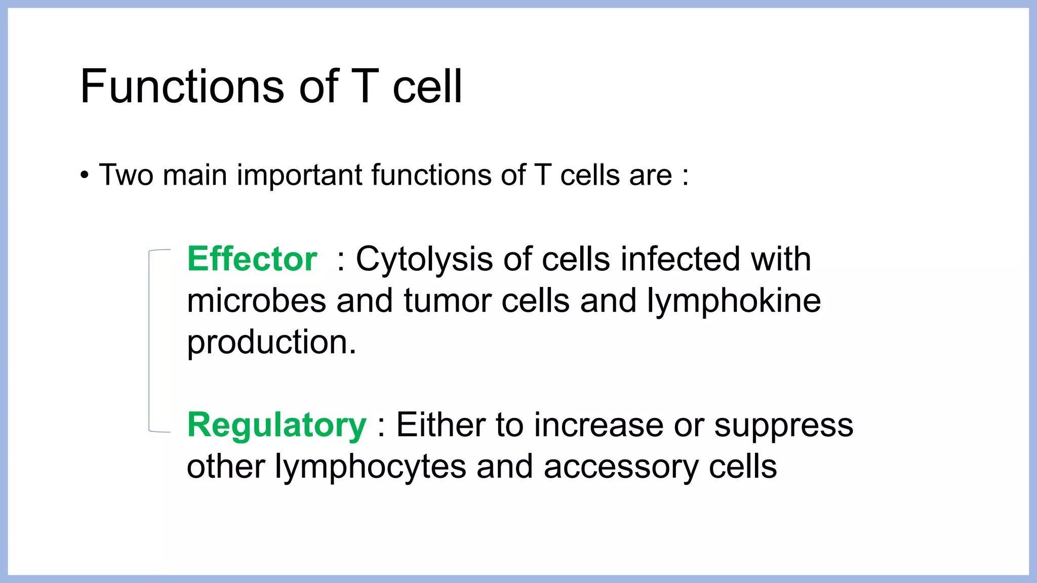 Functions of T cell
• Two main important functions of T cells are :
Effector : Cytolysis of cells infected with
microbes and tumor cells and lymphokine
production.
Regulatory : Either to increase or suppress
other lymphocytes and accessory cells
 
