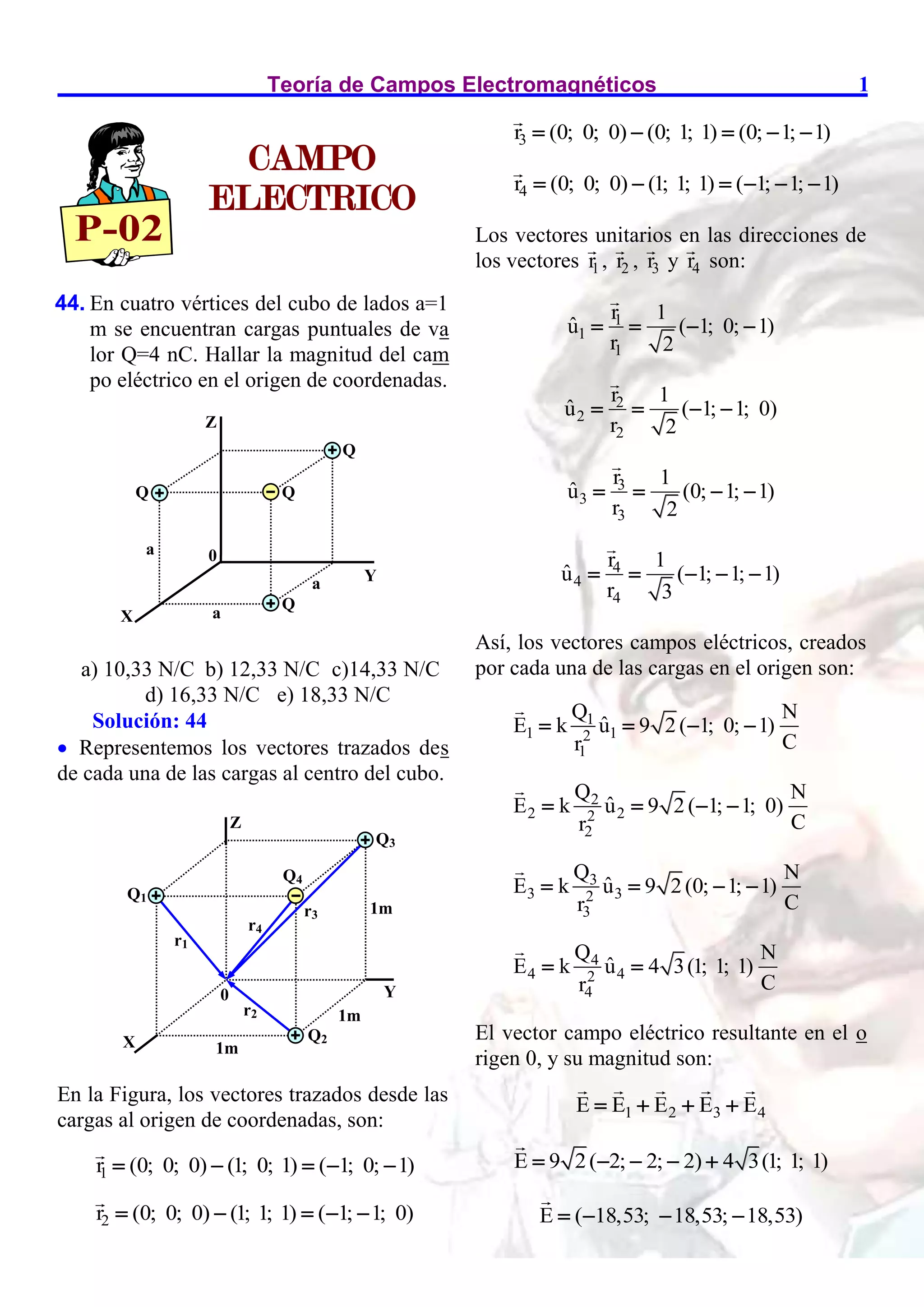 Teoría de Campos Electromagnéticos 1
44. En cuatro vértices del cubo de lados a=1
m se encuentran cargas puntuales de va
lor Q=4 nC. Hallar la magnitud del cam
po eléctrico en el origen de coordenadas.
a) 10,33 N/C b) 12,33 N/C c)14,33 N/C
d) 16,33 N/C e) 18,33 N/C
Solución: 44
 Representemos los vectores trazados des
de cada una de las cargas al centro del cubo.
En la Figura, los vectores trazados desde las
cargas al origen de coordenadas, son:
1
r (0; 0; 0) (1; 0; 1) ( 1; 0; 1)
    
2
r (0; 0; 0) (1; 1; 1) ( 1; 1; 0)
    
3
r (0; 0; 0) (0; 1; 1) (0; 1; 1)
    
4
r (0; 0; 0) (1; 1; 1) ( 1; 1; 1)
     
Los vectores unitarios en las direcciones de
los vectores 1
r , 2
r , 3
r y 4
r son:
1
1
1
r 1
û ( 1; 0; 1)
r 2
   
2
2
2
r 1
û ( 1; 1; 0)
r 2
   
3
3
3
r 1
û (0; 1; 1)
r 2
   
4
4
4
r 1
û ( 1; 1; 1)
r 3
    
Así, los vectores campos eléctricos, creados
por cada una de las cargas en el origen son:
1
1 1
2
1
Q N
ˆ
E k u 9 2 ( 1; 0; 1)
C
r
   
2
2 2
2
2
Q N
ˆ
E k u 9 2 ( 1; 1; 0)
C
r
   
3
3 3
2
3
Q N
ˆ
E k u 9 2 (0; 1; 1)
C
r
   
4
4 4
2
4
Q N
ˆ
E k u 4 3(1; 1; 1)
C
r
 
El vector campo eléctrico resultante en el o
rigen 0, y su magnitud son:
1 2 3 4
E E E E E
   
E 9 2( 2; 2; 2) 4 3(1; 1; 1)
    
E ( 18,53; 18,53; 18,53)
   
Q1
Q3
Q4
Q2
r1
r2
r4
r3
Z
Y
X
0
1m
1m
1m
Y
X
Z
Q
Q
Q
Q
a
a
a
0
CAMPO
ELECTRICO
P-02
 