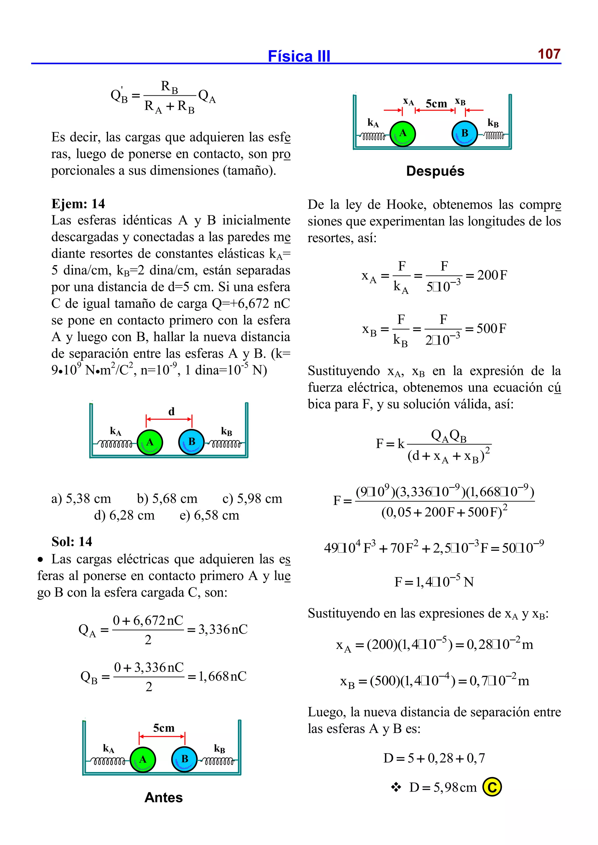 Física III 107
' B
B A
A B
R
Q Q
R R


Es decir, las cargas que adquieren las esfe
ras, luego de ponerse en contacto, son pro
porcionales a sus dimensiones (tamaño).
Ejem: 14
Las esferas idénticas A y B inicialmente
descargadas y conectadas a las paredes me
diante resortes de constantes elásticas kA=
5 dina/cm, kB=2 dina/cm, están separadas
por una distancia de d=5 cm. Si una esfera
C de igual tamaño de carga Q=+6,672 nC
se pone en contacto primero con la esfera
A y luego con B, hallar la nueva distancia
de separación entre las esferas A y B. (k=
9109
Nm2
/C2
, n=10-9
, 1 dina=10-5
N)
a) 5,38 cm b) 5,68 cm c) 5,98 cm
d) 6,28 cm e) 6,58 cm
Sol: 14
 Las cargas eléctricas que adquieren las es
feras al ponerse en contacto primero A y lue
go B con la esfera cargada C, son:
A
0 6,672nC
Q 3,336nC
2

 
B
0 3,336nC
Q 1,668nC
2

 
De la ley de Hooke, obtenemos las compre
siones que experimentan las longitudes de los
resortes, así:
A 3
A
F F
x 200F
k 5 10
  
B 3
B
F F
x 500F
k 2 10
  
Sustituyendo xA, xB en la expresión de la
fuerza eléctrica, obtenemos una ecuación cú
bica para F, y su solución válida, así:
A B
2
A B
Q Q
F k
(d x x )

 
9 9 9
2
(9 10 )(3,336 10 )(1,668 10 )
F
(0,05 200F 500F)
 

 
4 3 2 3 9
49 10 F 70F 2,5 10 F 50 10
 
  
5
F 1,4 10 N


Sustituyendo en las expresiones de xA y xB:
5 2
A
x (200)(1,4 10 ) 0,28 10 m
 
 
4 2
B
x (500)(1,4 10 ) 0,7 10 m
 
 
Luego, la nueva distancia de separación entre
las esferas A y B es:
D 5 0,28 0,7
  
 D 5,98cm

5cm
kA kB
A B
5cm
kA kB
A B
xA xB
Antes
Después
d
kA kB
A B
C
 
