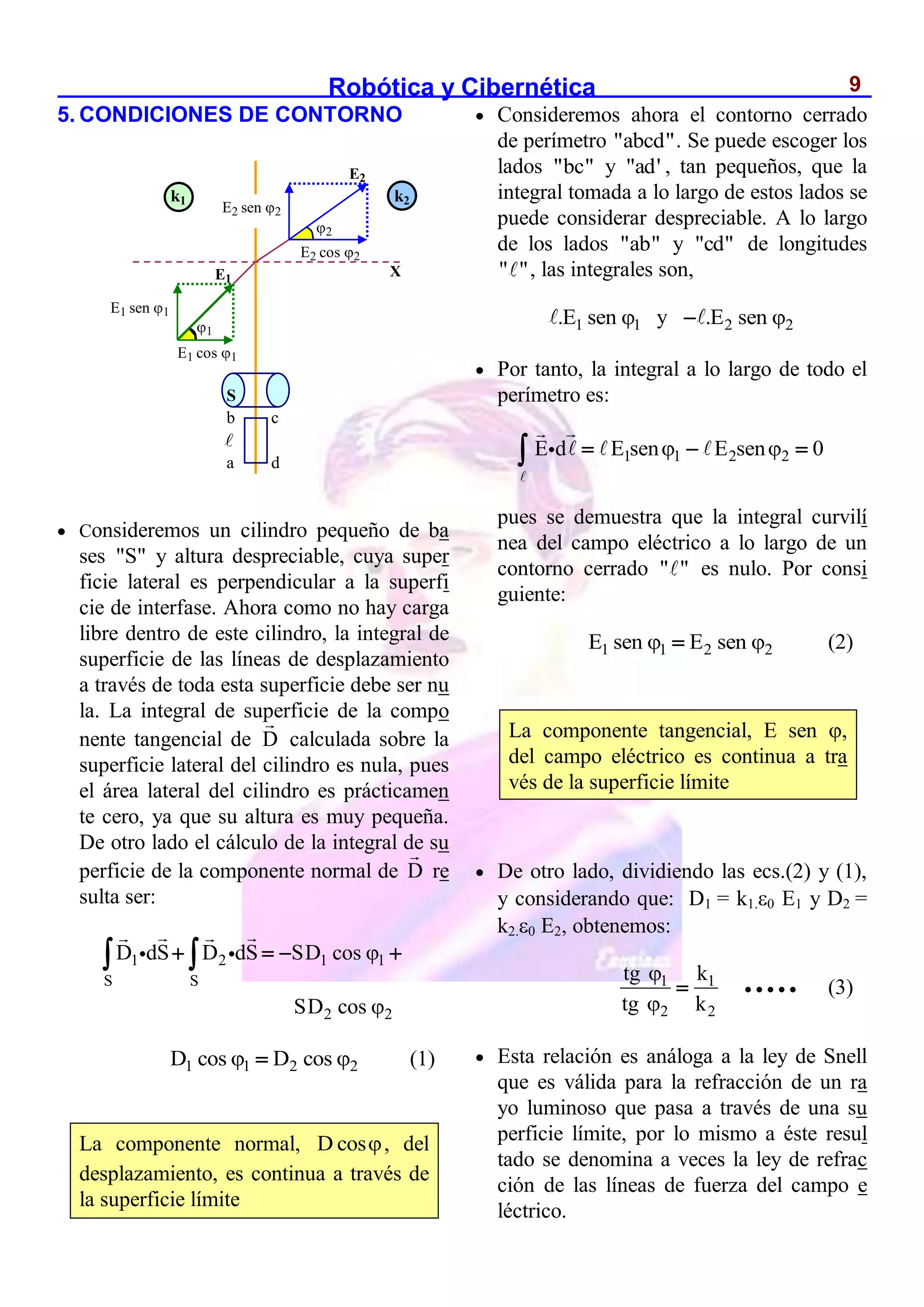 Robótica y Cibernética 9
5. CONDICIONES DE CONTORNO
 Consideremos un cilindro pequeño de ba
ses "S" y altura despreciable, cuya super
ficie lateral es perpendicular a la superfi
cie de interfase. Ahora como no hay carga
libre dentro de este cilindro, la integral de
superficie de las líneas de desplazamiento
a través de toda esta superficie debe ser nu
la. La integral de superficie de la compo
nente tangencial de D calculada sobre la
superficie lateral del cilindro es nula, pues
el área lateral del cilindro es prácticamen
te cero, ya que su altura es muy pequeña.
De otro lado el cálculo de la integral de su
perficie de la componente normal de D re
sulta ser:
1 2 1 1
S S
2 2
D dS D dS SD cos
SD cos


   
 
1 1 2 2
D cos D cos
 
 (1)
La componente normal, D cos, del
desplazamiento, es continua a través de
la superficie límite
 Consideremos ahora el contorno cerrado
de perímetro "abcd". Se puede escoger los
lados "bc" y "ad' , tan pequeños, que la
integral tomada a lo largo de estos lados se
puede considerar despreciable. A lo largo
de los lados "ab" y "cd" de longitudes
" ", las integrales son,
1 1
.E sen  y 2 2
.E sen 

 Por tanto, la integral a lo largo de todo el
perímetro es:
1 1 2 2
E d E sen E sen 0
 
  

pues se demuestra que la integral curvilí
nea del campo eléctrico a lo largo de un
contorno cerrado " " es nulo. Por consi
guiente:
1 1 2 2
E sen E sen
 
 (2)
La componente tangencial, E sen ,
del campo eléctrico es continua a tra
vés de la superficie límite
 De otro lado, dividiendo las ecs.(2) y (1),
y considerando que: D1 = k1.0 E1 y D2 =
k2.0 E2, obtenemos:
1 1
2 2
tg k
tg k


      (3)
 Esta relación es análoga a la ley de Snell
que es válida para la refracción de un ra
yo luminoso que pasa a través de una su
perficie límite, por lo mismo a éste resul
tado se denomina a veces la ley de refrac
ción de las líneas de fuerza del campo e
léctrico.
X
k1 k2
S

E1
E2
1
2
E1 cos 1
E1 sen 1
E2 cos 2
E2 sen 2
a
b c
d
 