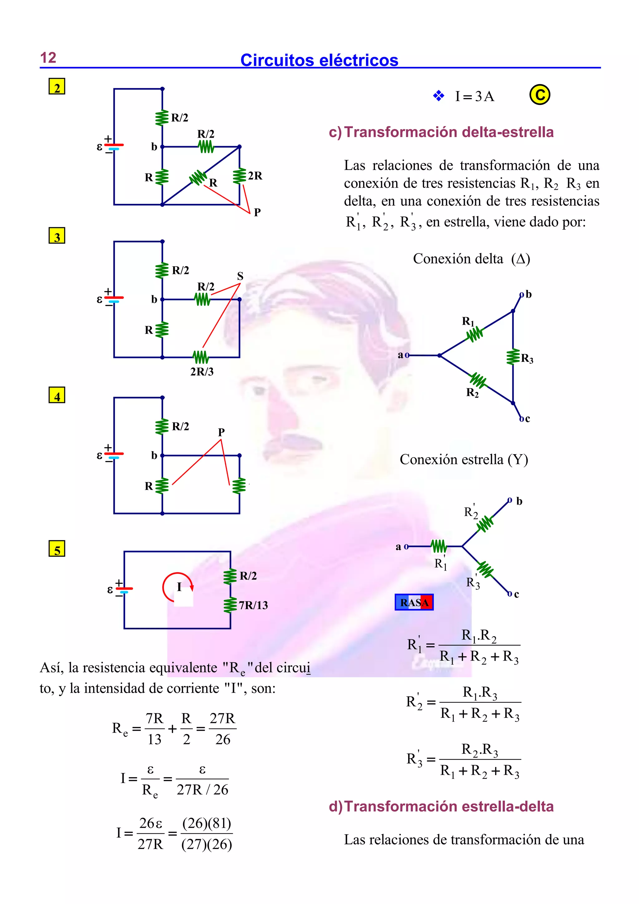 Circuitos eléctricos
12
Así, la resistencia equivalente e
"R "del circui
to, y la intensidad de corriente "I", son:
e
7R R 27R
R
13 2 26
  
e
I
R 27R / 26
 
 
26 (26)(81)
I
27R (27)(26)

 
 I 3A

c)Transformación delta-estrella
Las relaciones de transformación de una
conexión de tres resistencias R1, R2 R3 en
delta, en una conexión de tres resistencias
'
1
R , '
2
R , '
3
R , en estrella, viene dado por:
Conexión delta ()
Conexión estrella (Y)
' 1 2
1
1 2 3
R .R
R
R R R

 
' 1 3
2
1 2 3
R .R
R
R R R

 
' 2 3
3
1 2 3
R .R
R
R R R

 
d)Transformación estrella-delta
Las relaciones de transformación de una
ob
o
o
a
c
R1
R3
R2
o
o
o
a
b
c
R2
'
R3
'
R1
'
RASA
b
R/2
R
R/2
R 2R

P
b
R/2
R/2
R
2R/3

S
b
R/2
R 7R/6

P
7R/13
R/2
 I
C
2
3
4
5
 