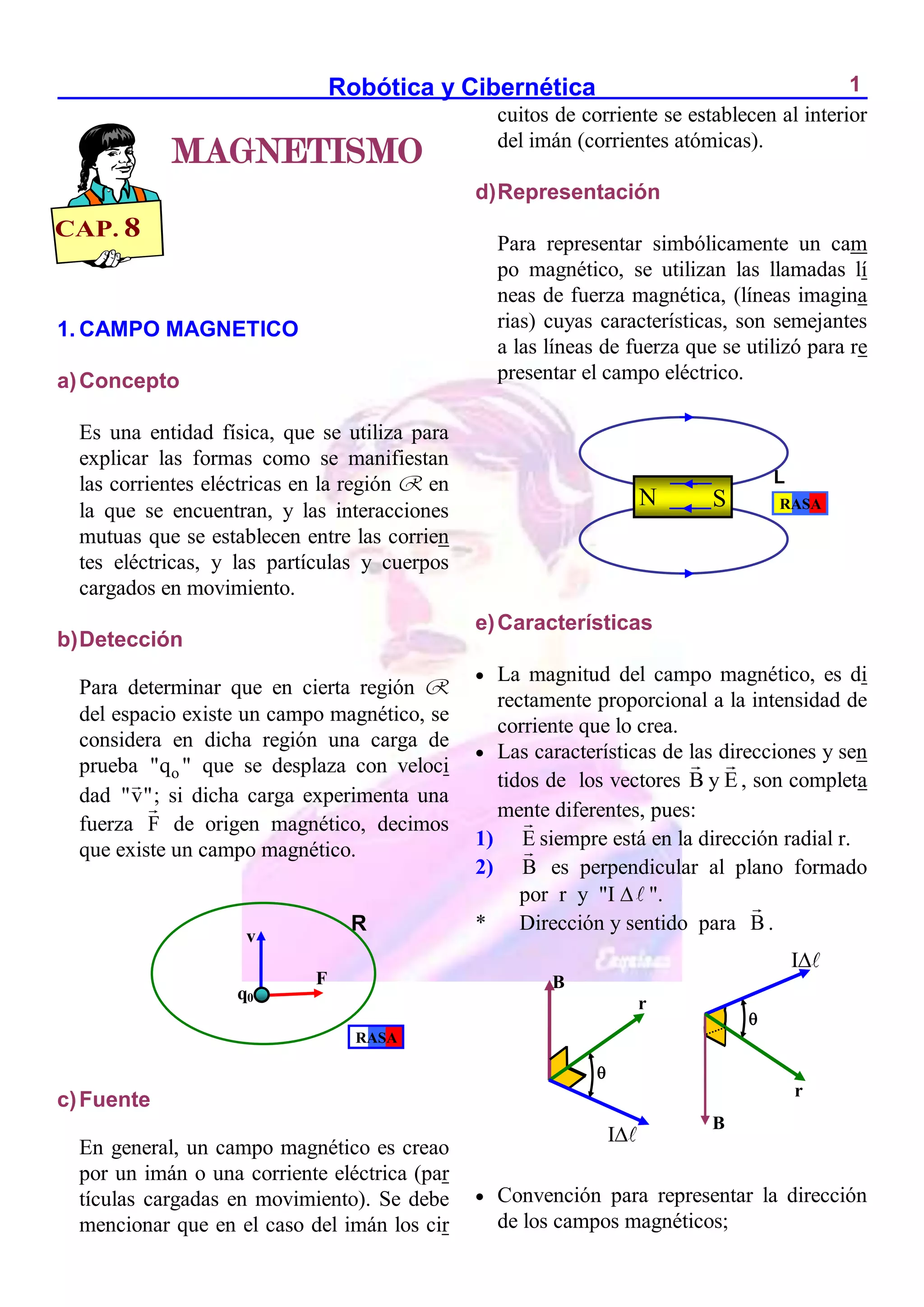 Robótica y Cibernética 1
1. CAMPO MAGNETICO
a)Concepto
Es una entidad física, que se utiliza para
explicar las formas como se manifiestan
las corrientes eléctricas en la región R en
la que se encuentran, y las interacciones
mutuas que se establecen entre las corrien
tes eléctricas, y las partículas y cuerpos
cargados en movimiento.
b)Detección
Para determinar que en cierta región R
del espacio existe un campo magnético, se
considera en dicha región una carga de
prueba o
"q " que se desplaza con veloci
dad "v"; si dicha carga experimenta una
fuerza F de origen magnético, decimos
que existe un campo magnético.
c)Fuente
En general, un campo magnético es creao
por un imán o una corriente eléctrica (par
tículas cargadas en movimiento). Se debe
mencionar que en el caso del imán los cir
cuitos de corriente se establecen al interior
del imán (corrientes atómicas).
d)Representación
Para representar simbólicamente un cam
po magnético, se utilizan las llamadas lí
neas de fuerza magnética, (líneas imagina
rias) cuyas características, son semejantes
a las líneas de fuerza que se utilizó para re
presentar el campo eléctrico.
e)Características
 La magnitud del campo magnético, es di
rectamente proporcional a la intensidad de
corriente que lo crea.
 Las características de las direcciones y sen
tidos de los vectores B y E , son completa
mente diferentes, pues:
1) E siempre está en la dirección radial r.
2) B es perpendicular al plano formado
por r y "I ".
* Dirección y sentido para B .
 Convención para representar la dirección
de los campos magnéticos;

B
I
r

B
r
I
q0
R
v
F
RASA
MAGNETISMO
L
N S RASA
CAP. 8
 