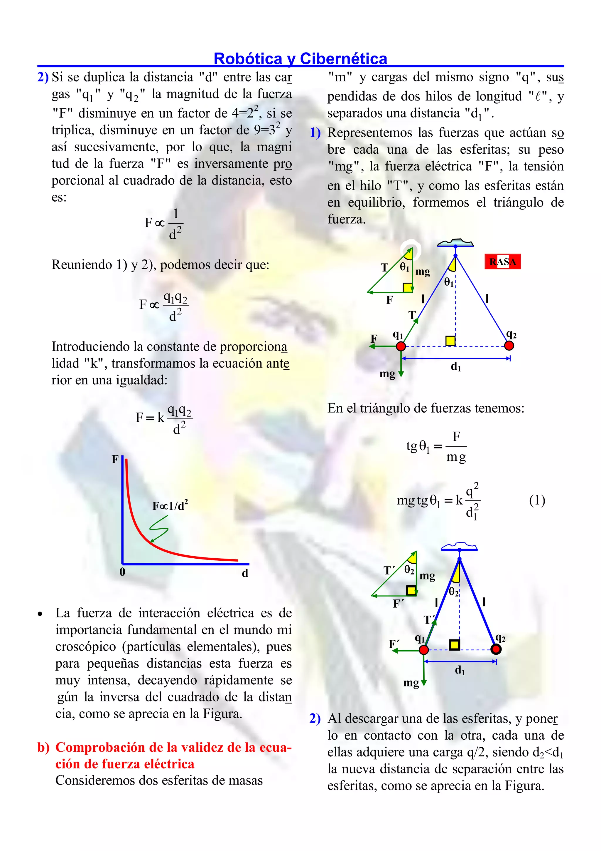 Robótica y Cibernética
2) Si se duplica la distancia "
d
" entre las car
gas 1
"q " y 2
"q " la magnitud de la fuerza
"F" disminuye en un factor de 4=22
, si se
triplica, disminuye en un factor de 9=32
y
así sucesivamente, por lo que, la magni
tud de la fuerza "F" es inversamente pro
porcional al cuadrado de la distancia, esto
es:
2
1
F
d

Reuniendo 1) y 2), podemos decir que:
1 2
2
q q
F
d

Introduciendo la constante de proporciona
lidad "
k
" , transformamos la ecuación ante
rior en una igualdad:
1 2
2
q q
F k
d

 La fuerza de interacción eléctrica es de
importancia fundamental en el mundo mi
croscópico (partículas elementales), pues
para pequeñas distancias esta fuerza es
muy intensa, decayendo rápidamente se
gún la inversa del cuadrado de la distan
cia, como se aprecia en la Figura.
b) Comprobación de la validez de la ecua-
ción de fuerza eléctrica
Consideremos dos esferitas de masas
"m" y cargas del mismo signo "q", sus
pendidas de dos hilos de longitud " ", y
separados una distancia 1
"d ".
1) Representemos las fuerzas que actúan so
bre cada una de las esferitas; su peso
"mg", la fuerza eléctrica "F", la tensión
en el hilo "T", y como las esferitas están
en equilibrio, formemos el triángulo de
fuerza.
En el triángulo de fuerzas tenemos:
1
F
tg
mg
 
2
1 2
1
q
mgtg k
d
  (1)
2) Al descargar una de las esferitas, y poner
lo en contacto con la otra, cada una de
ellas adquiere una carga q/2, siendo d2<d1
la nueva distancia de separación entre las
esferitas, como se aprecia en la Figura.
mg
l
q1
l
q2
F
T
T
F
mg
d1
1
1
RASA
mg
l
q1
l
q2
F´
T´
T´
F´
mg
d1
2
2
F
0 d
F1/d2
 