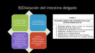 B)Dilatación del intestino delgado
La dilatación aislada
del intestino delgado
es sinónima de la
obstrucción mecánica
Íleo paralítico va
siempre acompañado
de dilatación cólica
En la obstrucción
intestinal con
estrangulamiento, el
asa afectada está
obstruida en sus
extremos y existe
compromiso vascular
agudo.
Los signos
radiológicos de la
oclusión simple del
intestino delgado
están reflejados en el
cuadro 4.
 