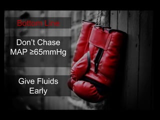 Don’t Chase
MAP ≥65mmHg
Bottom Line
Give Fluids
Early
 