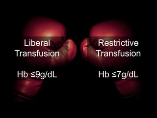 Liberal
Transfusion
Hb ≤9g/dL
Restrictive
Transfusion
Hb ≤7g/dL
 