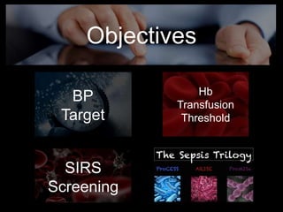 Objectives
BP
Target
Hb
Transfusion
Threshold
SIRS
Screening
 