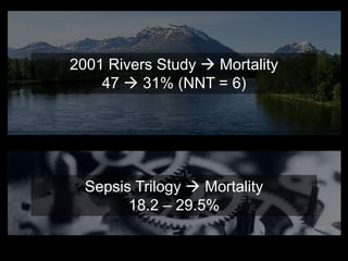 2001 Rivers Study  Mortality
47  31% (NNT = 6)
Sepsis Trilogy  Mortality
18.2 – 29.5%
 