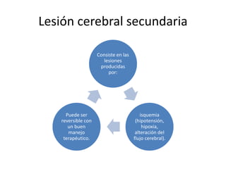 Lesión cerebral secundaria
Consiste en las
lesiones
producidas
por:
isquemia
(hipotensión,
hipoxia,
alteración del
flujo cerebral).
Puede ser
reversible con
un buen
manejo
terapéutico.
 