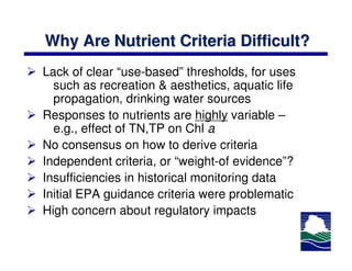 Why Are Nutrient Criteria Difficult?
Lack of clear “use-based” thresholds, for uses
  such as recreation & aesthetics, aquatic life
  propagation, drinking water sources
Responses to nutrients are highly variable –
  e.g., effect of TN,TP on Chl a
No consensus on how to derive criteria
Independent criteria, or “weight-of evidence”?
Insufficiencies in historical monitoring data
Initial EPA guidance criteria were problematic
High concern about regulatory impacts
 