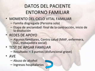 DATOS DEL PACIENTE
ENTORNO FAMILIAR
• MOMENTO DEL CICLO VITAL FAMILIAR
– Familia disgregada (Persona sola)
– Etapa de ancianidad: final de la contracción, inicio de
la disolución
• REDES DE APOYO
– Algunos familiares, Centro salud (MAP, enfermera,
EGC, trabajadora social)
• TEST DE APGAR FAMILIAR
– Resultado: < 3 puntos (disfuncional grave)
• AVE
– Abuso de alcohol
– Ingresos hospitalarios
 