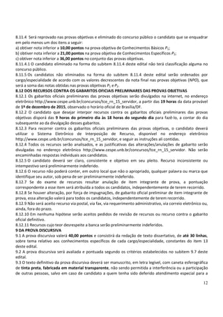 12
8.11.4 Será reprovado nas provas objetivas e eliminado do concurso público o candidato que se enquadrar
em pelo menos um dos itens a seguir:
a) obtiver nota inferior a 10,00 pontos na prova objetiva de Conhecimentos Básicos P1;
b) obtiver nota inferior a 21,00 pontos na prova objetiva de Conhecimentos Específicos P2;
c) obtiver nota inferior a 36,00 pontos no conjunto das provas objetivas.
8.11.4.1 O candidato eliminado na forma do subitem 8.11.4 deste edital não terá classificação alguma no
concurso público.
8.11.5 Os candidatos não eliminados na forma do subitem 8.11.4 deste edital serão ordenados por
cargo/especialidade de acordo com os valores decrescentes da nota final nas provas objetivas (NPO), que
será a soma das notas obtidas nas provas objetivas P1 eP2.
8.12 DOS RECURSOS CONTRA OS GABARITOS OFICIAIS PRELIMINARES DAS PROVAS OBJETIVAS
8.12.1 Os gabaritos oficiais preliminares das provas objetivas serão divulgados na internet, no endereço
eletrônico http://www.cespe.unb.br/concursos/tce_rn_15_servidor, a partir das 19 horas da data provável
de 1º de dezembro de 2015, observado o horário oficial de Brasília/DF.
8.12.2 O candidato que desejar interpor recursos contra os gabaritos oficiais preliminares das provas
objetivas disporá das 9 horas do primeiro dia às 18 horas do segundo dia para fazê-lo, a contar do dia
subsequente ao da divulgação desses gabaritos.
8.12.3 Para recorrer contra os gabaritos oficiais preliminares das provas objetivas, o candidato deverá
utilizar o Sistema Eletrônico de Interposição de Recurso, disponível no endereço eletrônico
http://www.cespe.unb.br/concursos/tce_rn_15_servidor, e seguir as instruções ali contidas.
8.12.4 Todos os recursos serão analisados, e as justificativas das alterações/anulações de gabarito serão
divulgadas no endereço eletrônico http://www.cespe.unb.br/concursos/tce_rn_15_servidor. Não serão
encaminhadas respostas individuais aos candidatos.
8.12.5 O candidato deverá ser claro, consistente e objetivo em seu pleito. Recurso inconsistente ou
intempestivo será preliminarmente indeferido.
8.12.6 O recurso não poderá conter, em outro local que não o apropriado, qualquer palavra ou marca que
identifique seu autor, sob pena de ser preliminarmente indeferido.
8.12.7 Se do exame de recursos resultar anulação de item integrante de prova, a pontuação
correspondente a esse item será atribuída a todos os candidatos, independentemente de terem recorrido.
8.12.8 Se houver alteração, por força de impugnações, de gabarito oficial preliminar de item integrante de
prova, essa alteração valerá para todos os candidatos, independentemente de terem recorrido.
8.12.9 Não será aceito recurso via postal, via fax, via requerimento administrativo, via correio eletrônico ou,
ainda, fora do prazo.
8.12.10 Em nenhuma hipótese serão aceitos pedidos de revisão de recursos ou recurso contra o gabarito
oficial definitivo.
8.12.11 Recursos cujo teor desrespeite a banca serão preliminarmente indeferidos.
9 DA PROVA DISCURSIVA
9.1 A prova discursiva valerá 40,00 pontos e consistirá da redação de texto dissertativo, de até 30 linhas,
sobre tema relativo aos conhecimentos específicos de cada cargo/especialidade, constantes do item 13
deste edital.
9.2 A prova discursiva será avaliada e pontuada segundo os critérios estabelecidos no subitem 9.7 deste
edital.
9.3 O texto definitivo da prova discursiva deverá ser manuscrito, em letra legível, com caneta esferográfica
de tinta preta, fabricada em material transparente, não sendo permitida a interferência ou a participação
de outras pessoas, salvo em caso de candidato a quem tenha sido deferido atendimento especial para a
 
