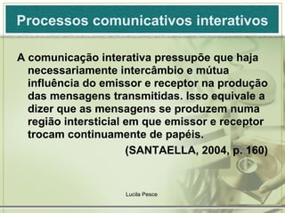 Processos comunicativos interativos A comunicação interativa pressupõe que haja necessariamente intercâmbio e mútua influência do emissor e receptor na produção das mensagens transmitidas. Isso equivale a dizer que as mensagens se produzem numa região intersticial em que emissor e receptor trocam continuamente de papéis. (SANTAELLA, 2004, p. 160) Lucila Pesce  