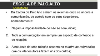 • Da Escola de Palo Alto saíram os axiomas onde se ancora a
comunicação, de acordo com os seus seguidores,
nomeadamente:
1. Negam a impossibilidade de não se comunicar;
2. Toda a comunicação tem sempre um aspecto de conteúdo e
de relação;
3. A natureza de uma relação assenta no quadro de referências
que os interlocutores fazem uns dos outros;
ESCOLA DE PALO ALTO
[ AXIOMAS]
 
