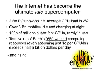 The Internet has become the
       ultimate idle supercomputer
●    2 Bn PCs now online, average CPU load is 2%
●    Over 3 Bn mobiles idle and charging at night
●    100s of millions super-fast GPUs, rarely in use
●    Total value of Earth's 98%-wasted computing
     resources (even assuming just 1c per CPU/hr)
     exceeds half a billion dollars per day
    - and rising
 