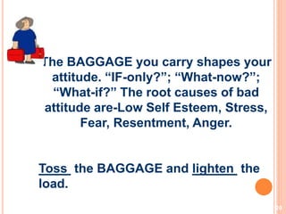 20
The BAGGAGE you carry shapes your
attitude. “IF-only?”; “What-now?”;
“What-if?” The root causes of bad
attitude are-Low Self Esteem, Stress,
Fear, Resentment, Anger.
Toss the BAGGAGE and lighten the
load.
 