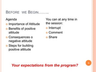 BEFORE WE BEGIN……..
4
Agenda
 Importance of Attitude
 Benefits of positive
attitude
 Consequences o
negative attitude
 Steps for building
positive attitude
You can at any time in
the session:
 Interrupt
 Comment
 Share
Your expectations from the program?
 