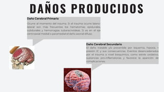 DAÑOS PRODUCIDOS
Ocurre al momento del trauma. Si el trauma ocurre latero-
lateral son más frecuentes los hematomas; epidurales,
subdurales y hemorragias subaracnoideas. Si es en el eje
centroaxial medial o paramedial el daño axonal difuso.
El daño tratable y/o prevenible por isquemia, hipoxia, >
presión IC y sus consecuencias. Eventos desencadenados
por el trauma a nivel bioquímico, como estrés oxidativo,
sustancias pro-inflamatorias y favorece la aparición de
complicaciones.
Daño Cerebral Primario
Daño Cerebral Secundario
 