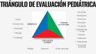 TRIÁNGULODEEVALUACIÓNPEDIÁTRICA
• Tono
• Interacción
• Consuelo
• Mirada
• Lenguaje
• Gruñido
• Ronquera
• Disfonía
• Estridor
• Quejido
• Sibilancias
• Tiraje
• Aleteo
• Cabeceo
• Taquipnea
• Posición
anómala
Palidez Cianosis Cutis reticular
 