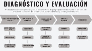 DIAGNÓSTICO Y EVALUACIÓN
Finalizada la evaluación primaria y con el paciente fuera de peligro potencial de muerte se procede a la
evaluación secundaria del paciente, con exploración física y neurológica exhaustiva.
VALORACIÓN NEUROLÓGICA
COMPLETA
SUBCUTÁNEO
SUBGALEAL
CEFALOHEMATOMA
DEPRIMIDA O
ABIERTA
ZONA DE A.
MENÍNGEA M.
SINGOS
INDIRECTOS
ABOMBADA
A TENSIÓN
CAMBIO GRADUAL
EVOLUTIVO
PAPILEDEMA
HEMORRAGIA
RETINIANA
PARES CRANEALES
Y ROTS
FOCALIZACIÓN
BUSCAR CAMBIOS
EVOLUTIVOS
EXPLORACIÓN DE
HEMATOMA
EXPLORACIÓN DE
FRACTURA
FONTANELA
ANTERIOR FONDO DE OJO
 