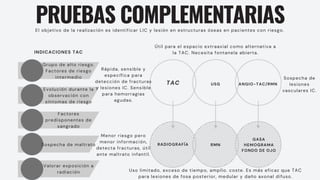 PRUEBAS COMPLEMENTARIAS
El objetivo de la realización es identificar LIC y lesión en estructuras óseas en pacientes con riesgo.
INDICACIONES TAC
Grupo de alto riesgo.
Factores de riesgo
intermedio
Evolución durante la
observación con
síntomas de riesgo
Factores
predisponentes de
sangrado
Sospecha de maltrato
Valorar exposición a
radiación
TAC
Rápida, sensible y
específica para
detección de fracturas
y lesiones IC. Sensible
para hemorragias
agudas.
Menor riesgo pero
menor información,
detecta fracturas, útil
ante maltrato infantil.
RADIOGRAFÍA
USG
Útil para el espacio extraaxial como alternativa a
la TAC. Necesita fontanela abierta.
Sospecha de
lesiones
vasculares IC.
RMN
Uso limitado, exceso de tiempo, amplio. coste. Es más eficaz que TAC
para lesiones de fosa posterior, medular y daño axonal difuso.
ANGIO-TAC/RMN
GASA
HEMOGRAMA
FONDO DE OJO
 