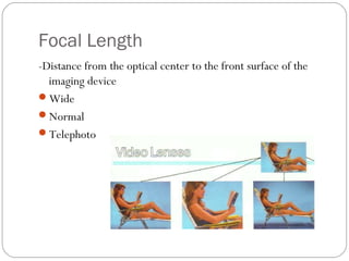 Focal Length 
-Distance from the optical center to the front surface of the 
imaging device 
Wide 
Normal 
Telephoto 
 