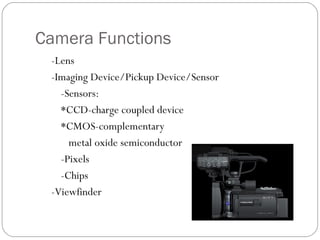 Camera Functions 
-Lens 
-Imaging Device/Pickup Device/Sensor 
-Sensors: 
*CCD-charge coupled device 
*CMOS-complementary 
metal oxide semiconductor 
-Pixels 
-Chips 
-Viewfinder 
 