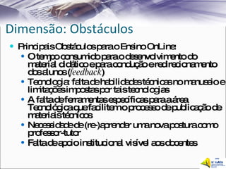 Dimensão: Obstáculos Principais Obstáculos para o Ensino OnLine: O tempo consumido para o desenvolvimento do material didático e para condução e redirecionamento dos alunos ( feedback ) Tecnologia: falta de habilidades técnicas no manuseio e limitações impostas por tais tecnologias A falta de ferramentas específicas para a área Tecnológica que facilitem o processo de publicação de materiais técnicos Necessidade de (re-)aprender uma nova postura como professor-tutor Falta de apoio institucional visível aos docentes 