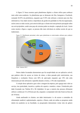 30
A figura 21 busca mostrar quais plataformas digitais o cliente utiliza para conhecer
mais sobre uma academia. As plataformas que se destacam são Site, Instagram e Facebook;
somando 82,93% da preferência, enquanto que 9,76% não utilizam a internet para tais fins
informativos. Esse dado mostra a importância da gestão de qualidade no Site da organização,
assim como as redes sociais, pois através dela que o cliente terá uma primeira percepção sobre
seu serviço/produto, sendo uma peça de extrema poder na atração e captação de leads. Assim
como mostra a figura a seguir, as pessoas dão mais relevância às mídias sociais do que as
tradicionais.
Figura 21: Distribuição percentual, sobre quais plataformas os entrevistados utilizam para conhecer
mais a academia.
Fonte: Autores 2015
Outros dados levantados demonstram que há receptividade em um aplicativo móvel,
que pudesse além do acesso ao treino do aluno, a dieta passada pelo nutricionista, sua
frequência e avaliações físicas com 68% de aprovação enquanto que 18% não acha
interessante por não utilizarem o aparelho durante o treino, e 14% não responderam.
A criação desse aplicativo gera valor a imagem da empresa, pois agrega mais valor ao
serviço, traz praticidade, incentiva a prática do esporte e mantém o aluno. Fortalecido pelo
dado levantado nas Tabelas 04 e 06 (Apêndice A) que a maioria das pessoas afirmaram
utilizar o celular por 16 a 20 horas por dia, enquanto o computador televisão ficam na faixa de
até 10 horas.
Ainda analisando os clientes, um dado interessante é o de acesso a conteúdos de
alimentação saudável, suplementação, esportes e fitness, onde em ambas as pesquisas sendo
dentro da academia ou na faculdade, os pesquisados demonstram visitar sites do gênero
25%
26%
32%
3%
4% 10%
Facebook
Instagram
Site
Reclame aqui
Outros
Nenhuma
 