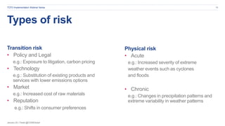 January 20 | Tweet @CDSBGlobal
Types of risk
Transition risk
• Policy and Legal
e.g.: Exposure to litigation, carbon pricing
• Technology
e.g.: Substitution of existing products and
services with lower emissions options
• Market
e.g.: Increased cost of raw materials
• Reputation
e.g.: Shifts in consumer preferences
14
Physical risk
• Acute
e.g.: Increased severity of extreme
weather events such as cyclones
and floods
• Chronic
e.g.: Changes in precipitation patterns and
extreme variability in weather patterns
TCFD Implementation Webinar Series
 