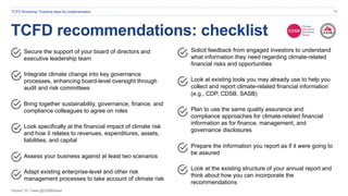 October 19 | Tweet @CDSBGlobal
TCFD recommendations: checklist
TCFD Workshop: Practical steps for implementation 73
Secure...