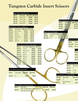 Tungsten Carbide Insert Scissors
Mayo Dissecting Scissors
Item #
G17-11

Description Reg. Price Sale Price
Cvd, 5 1/2"
129.00
103.20

G17-09

Strt, 5 1/2"

130.40

104.32

G17-10

Strt, 6 3/4"

144.90

115.92

G17-12

Cvd, 6 3/4"

151.50

121.12

Operating Scissors Curved
Item #
G17-38
G17-39
G17-40

Metzenbaum Scissors Delicate
Item #

Description Reg. Price Sale Price

G17-29

Strt, 5 1/2"

159.40

127.52

G17-30

Strt, 7"

173.90

139.12

G17-31

Strt, 9"

166.70

133.36

G17-32

Cvd, 5 1/2"

179.70

143.76

G17-33

Cvd, 7"

179.70

143.76

G17-34

Cvd, 9"

210.20

Description Reg. Price S
B/B, 5 1/2"
S/B, 5 1/2"
S/S, 5 1/2"

168.16

137.70
137.70
137.70

Mayo Scissors Straight
Item #

Description Reg. Price Sale Price

G17-06

6 3/4"

159.40

127.52

G17-112

9"

173.90

139.12

Adson Forceps,
Item #

Descri

Metzenbaum Scissors Standard

G17-123

Tissue

Item #

Description Reg. Price Sale Price

G17-56

Serr 4

G17-13
G17-17

5 1/2"
Cvd, 5 1/2"

130.40
134.50

104.32
107.60

Potts

G17-14

Strt, 7"

144.90

115.92

Item #

G17-18
G17-120

Cvd, 7"
Cvd, 11"

151.50
202.90

121.12
162.32

G17-12

G17-15

Strt, 8"

159.40

127.52

G17-16
G17-19
G17-20

Strt, 9"
Cvd, 8"
Cvd, 9"

173.90
166.70
181.20

139.12
133.36
144.96

G17-12

G17-12

Dressing Forceps T
Item #
G17-57

Item #

Description

G17-74

6"

Reg. Price

115.91

5 1/2"

G17-59

Sale Price

5"

G17-58

General Forceps Serrated TC

Descriptio

6 3/4"

Cushing Forceps Serrated TC

92.73

Item #
G17-75

Item #
G17-03

Description
Wire Cutting Scissors 4 3/4" angled To
Side, One Serrated Blade

Reg. Price
159.40

Sale Price
127.52

7"

134.76

G17-76

Pin and Wire Cutting Scissors

Description

Reg. Price

Bayonet Style, 7
1/2"

134.76

 